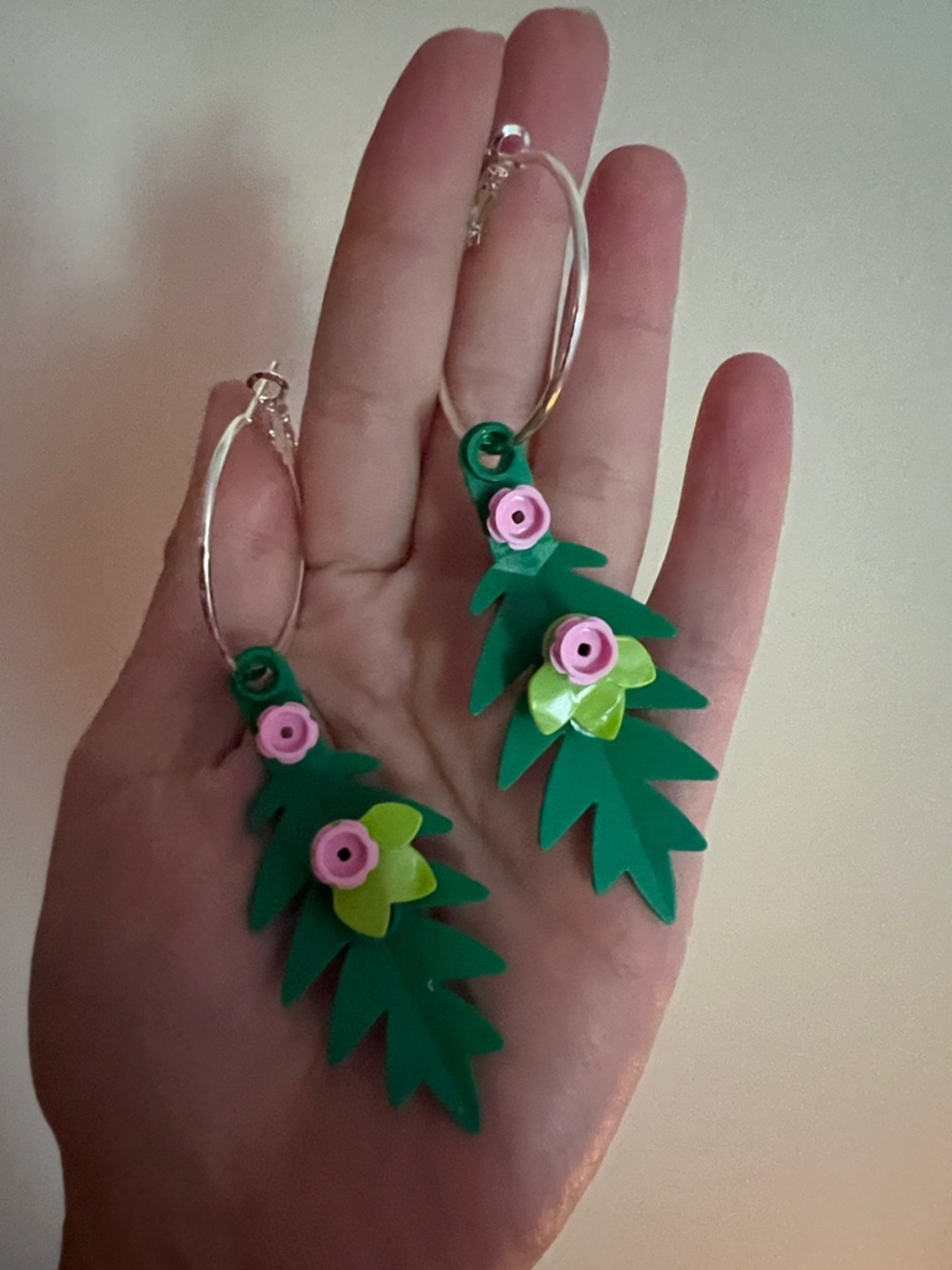 LEGO Green Leaf Dangle Earrings with Pink Flower Accents
